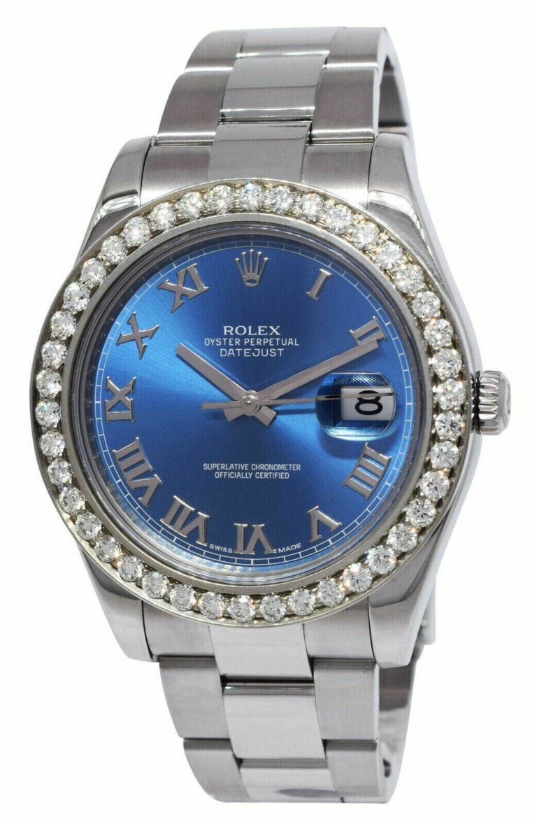 Rolex Datejust II Steel 3.30 CT Diamond Bezel Blue Roman Dial 41mm Watch 116300