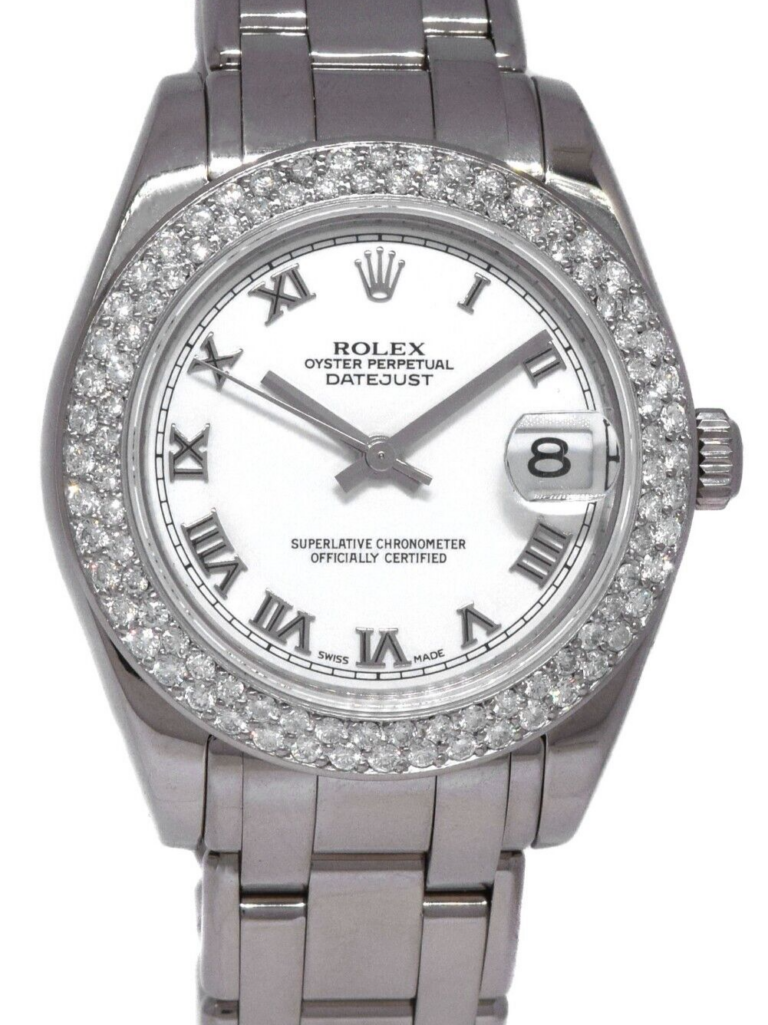 Rolex Datejust Pearlmaster 18k White Gold Diamond Bezel Ladies 34mm Watch 81209