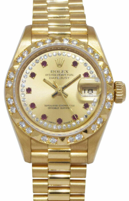 Rolex Datejust President 18k Gold Diamond/Ruby Pyramid 26mm Watch B/P N 69258