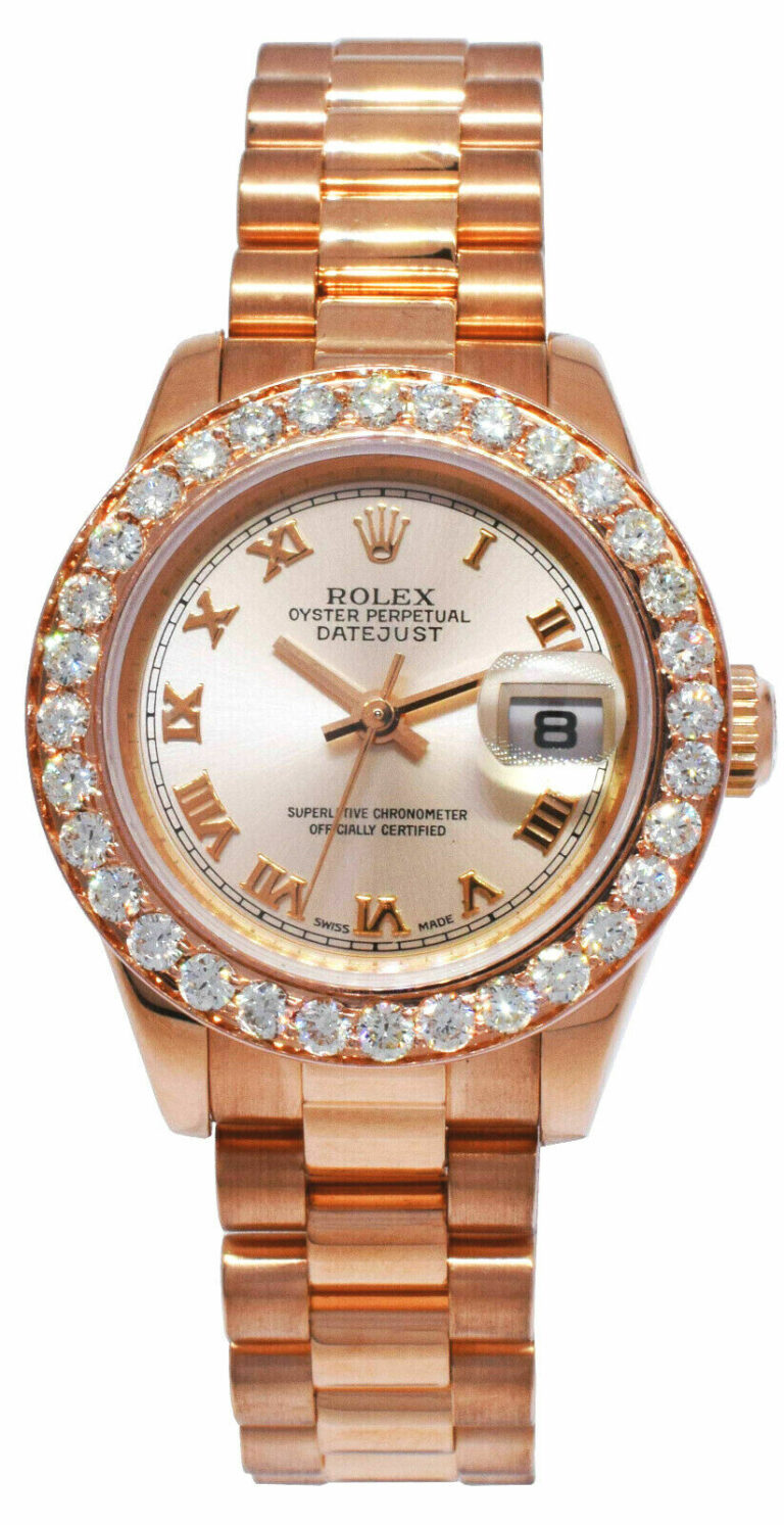 Rolex Datejust President 18k Rose Gold Pink Dial Diamond Bezel 26mm Watch 179175