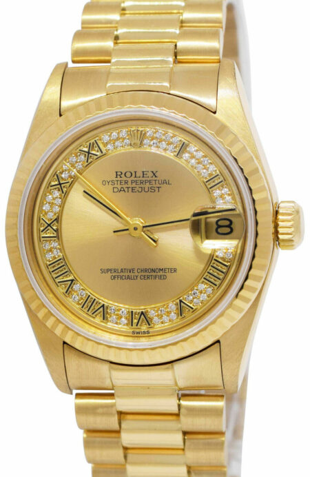 Rolex Datejust President 18k Yellow Gold Diamond Roman Ladies 31mm Watch E 68278