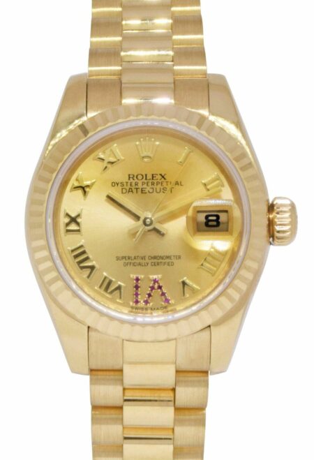 Rolex Datejust President 18k Yellow Gold Ruby VI Ladies 26mm Watch 179178