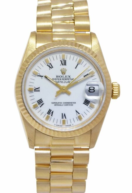 Rolex Datejust President 18k Yellow Gold White Dial Ladies 31mm Watch '84 68278