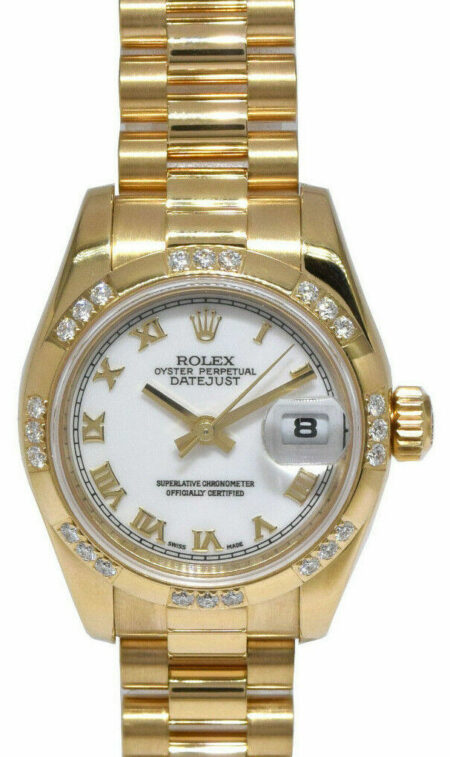 Rolex Datejust President 18k YG White Roman w/Diamonds Ladies 26mm Watch 179368