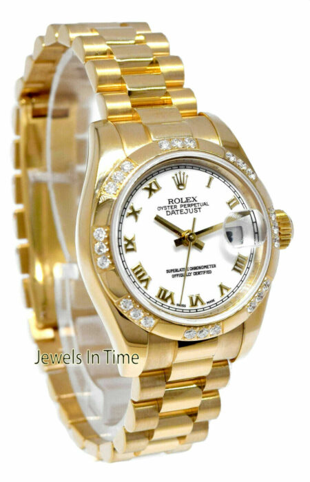 Rolex Datejust President 18k YG White Roman w/Diamonds Ladies 26mm Watch 179368