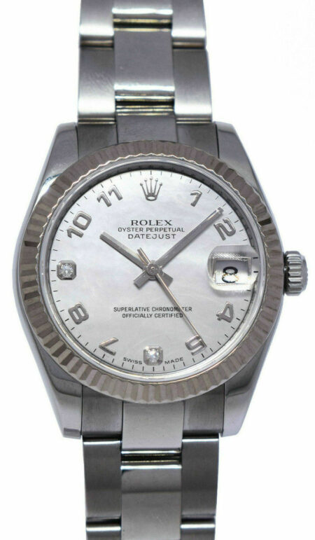 Rolex Datejust SS 
18k WG Bezel MOP Diamond Dial Ladies 31mm Watch B/P 178274