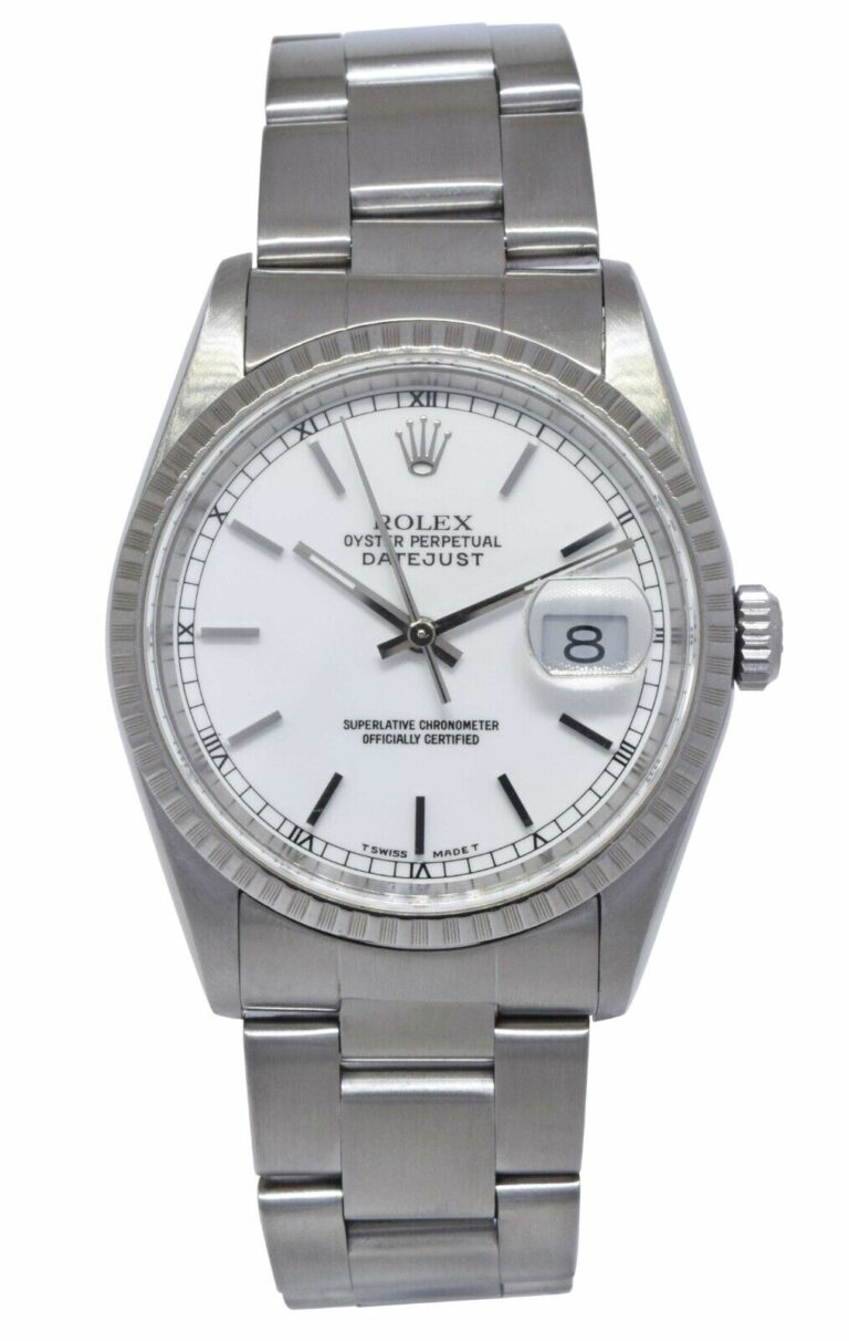 Rolex Datejust Steel White Dial Engine Turned Bezel Oyster 36mm Watch X 16220