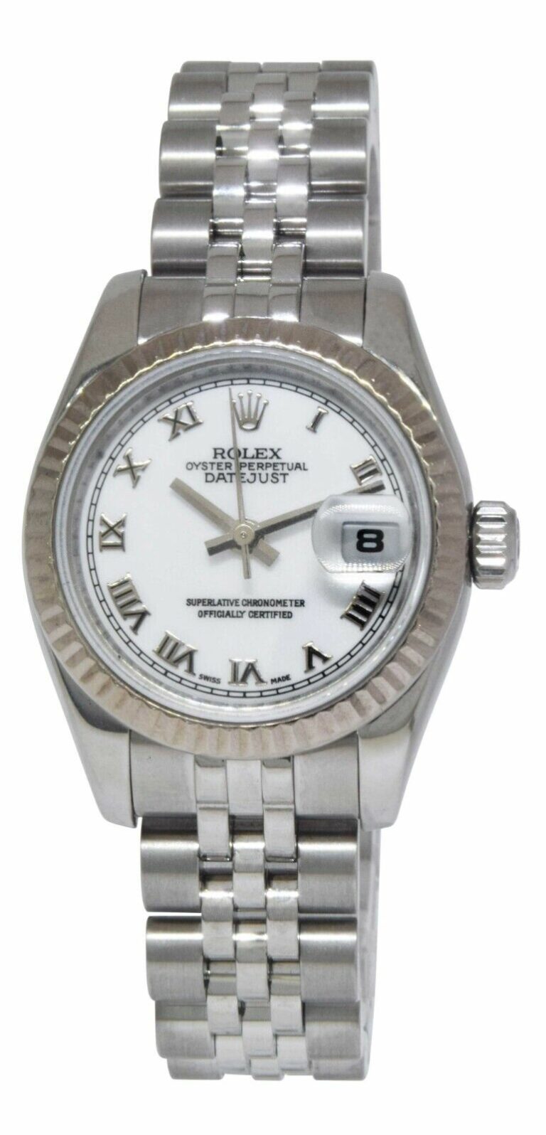 Rolex Datejust Steel/18k Gold Bezel White Dial Ladies 26mm Watch B/P M 179174