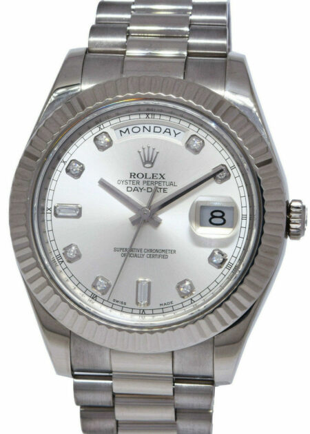 Rolex Day-Date II President 18k WG Silver Diamond Dial 41mm Watch B/P 218239