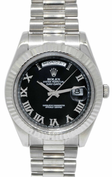 Rolex Day-Date II President 18k White Gold Black Roman 41mm Watch B/P '13 218239