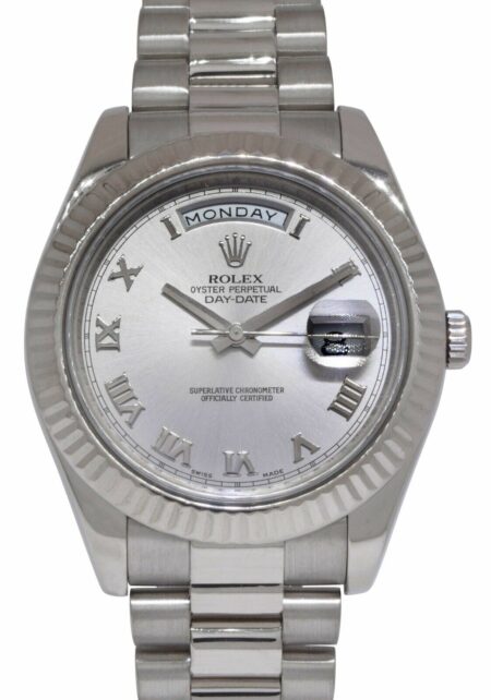 Rolex Day-Date II President 18k White Gold Silver Dial 41mm Watch +Card V 218239