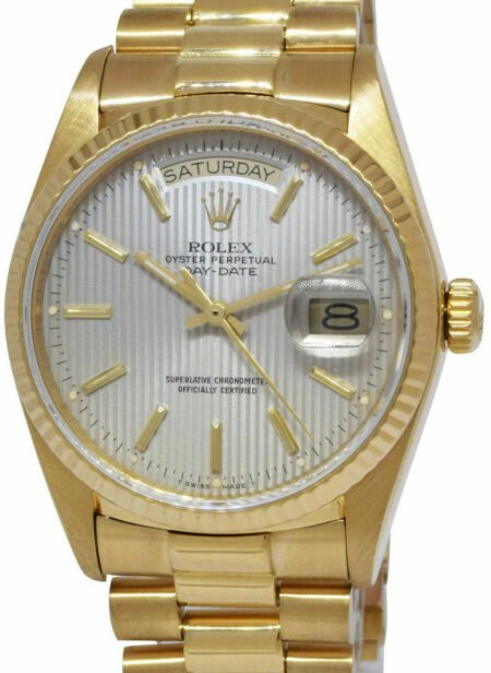 Rolex Day-Date President 18k Yellow Gold Silver Tapestry Dial 36mm Watch R 18038