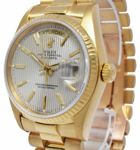 Rolex Day-Date President 18k Yellow Gold Silver Tapestry Dial 36mm Watch R 18038