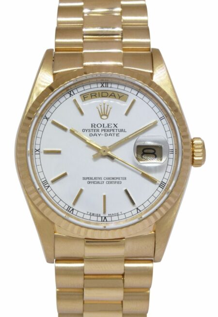 Rolex Day-Date President 18k Yellow Gold White Index Dial 36mm Watch '86 18038