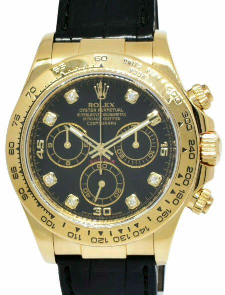 Rolex Daytona Chronograph 18k Yellow Gold Black Diamond Dial Watch B/P Z 116518