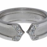 Cartier Double C Diamond 18k White Gold 2C Ring Band Size 57