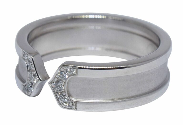 Cartier Double C Diamond 18k White Gold 2C Ring Band Size 57