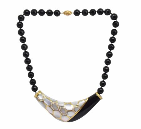 1.38 Carat Diamond 
Onyx 
Mother of Pearl Necklace in 14k Yellow Gold