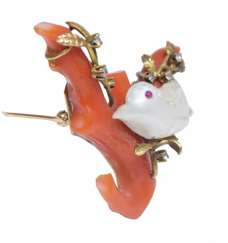 14K Gold ReefCoral Diamond 
Pearl Bird on a Branch Pin