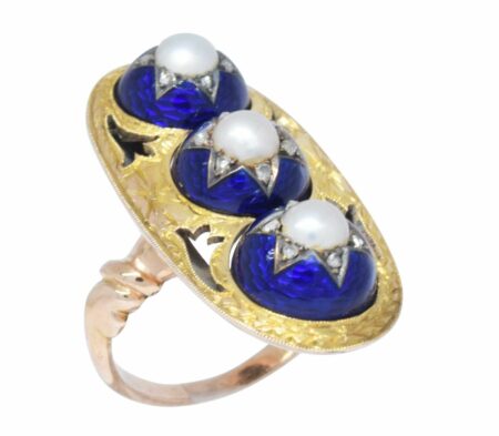 14K Gold Vintage Pearl, Enamel 
Diamond Ring Size 4.25