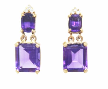 14K Yellow Gold Amethyst and Diamond Earrings