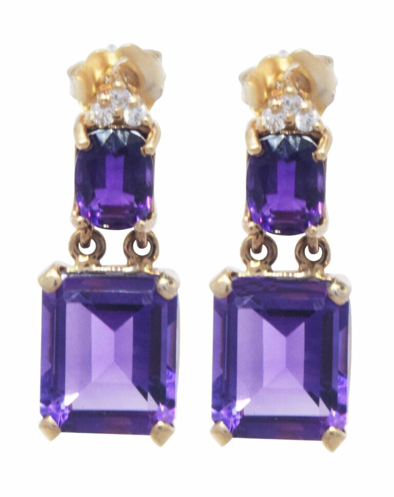 14K Yellow Gold Amethyst and Diamond Earrings