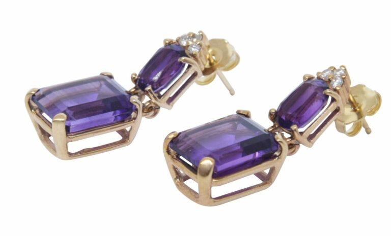 14K Yellow Gold Amethyst and Diamond Earrings