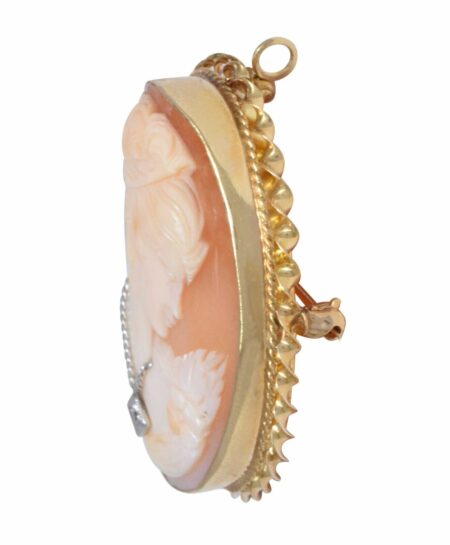 14k Yellow Gold Cameo Brooch Pin with Sparkling Diamond