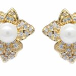 14K Yellow Gold Pearl 
Pave Diamond Earrings