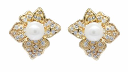 14K Yellow Gold Pearl 
Pave Diamond Earrings