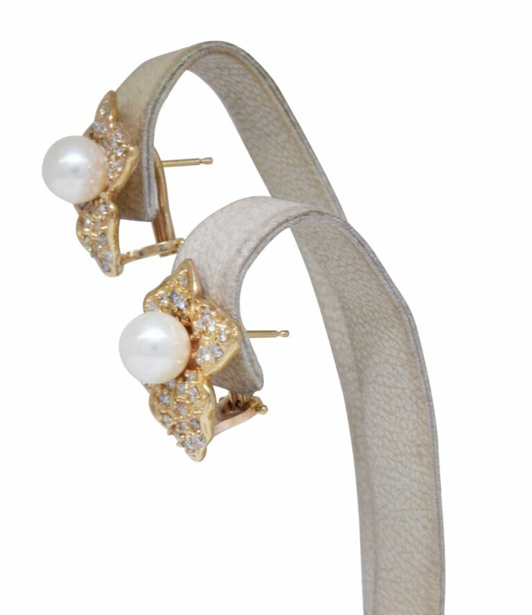 14K Yellow Gold Pearl 
Pave Diamond Earrings