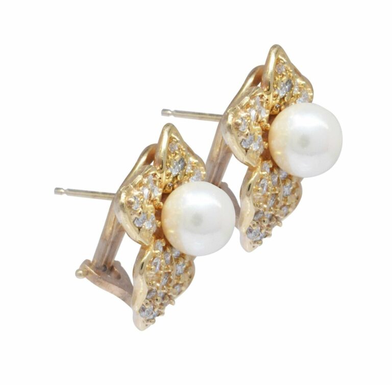 14K Yellow Gold Pearl 
Pave Diamond Earrings