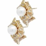 14K Yellow Gold Pearl 
Pave Diamond Earrings