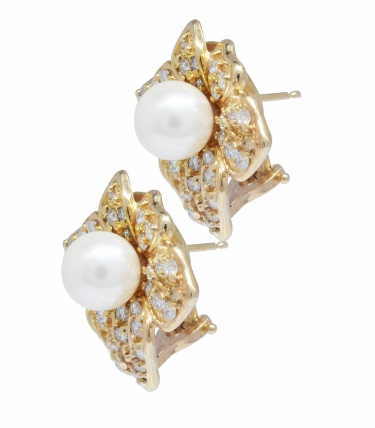 14K Yellow Gold Pearl 
Pave Diamond Earrings