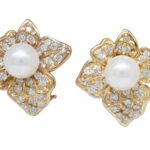 14K Yellow Gold Pearl 
Pave Diamond Earrings