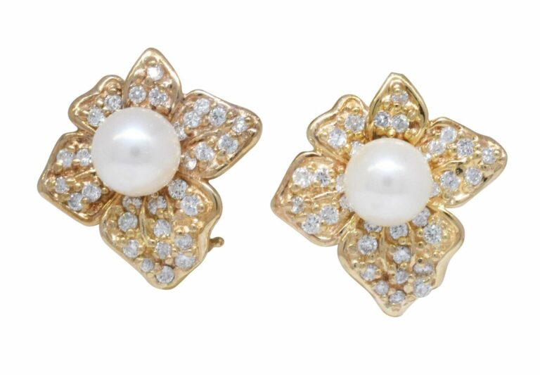 14K Yellow Gold Pearl 
Pave Diamond Earrings