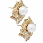 14K Yellow Gold Pearl 
Pave Diamond Earrings