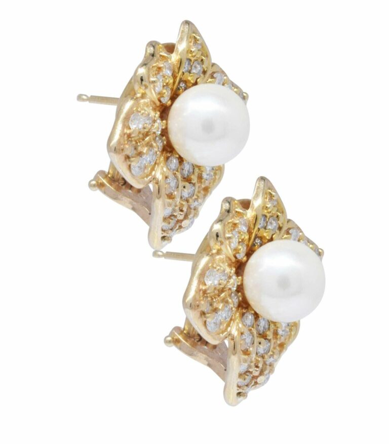 14K Yellow Gold Pearl 
Pave Diamond Earrings