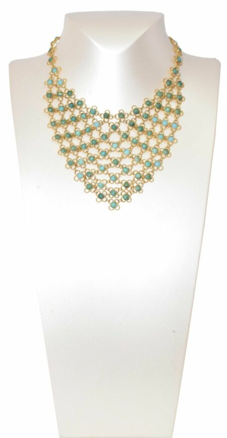 14k Yellow Gold Vintage Bib Necklace Turquoise Cabochons