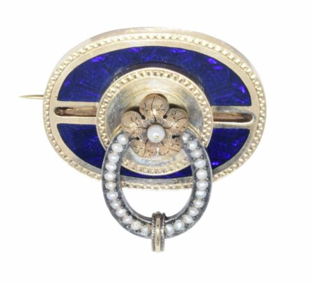 14K Yellow Gold Vintage Pearl 
Enamel Brooch