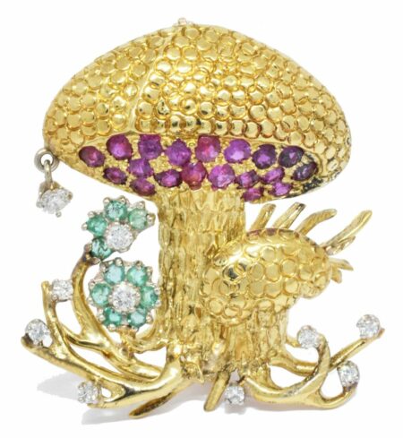 18K Gold Whimsical Mushroom Diamond Rubbie 
Emeralds Pin