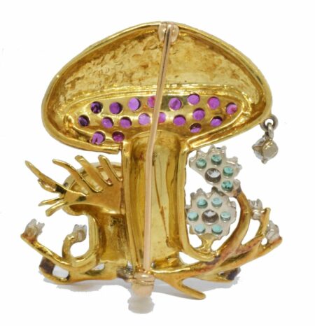 18K Gold Whimsical Mushroom Diamond Rubbie & Emeralds Pin