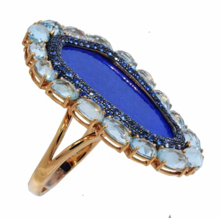 18k Rose Gold Multi Gemstone Ring Lapis Lazuli Sapphires & Aquamarine Size 8