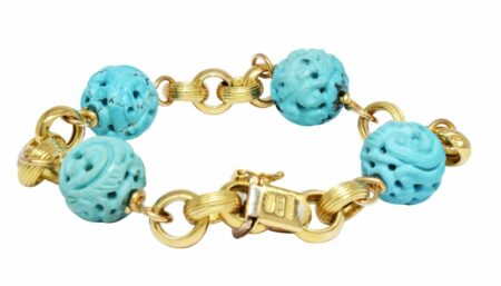 18k Yellow Gold Carved Turquoise Bead Bracelet