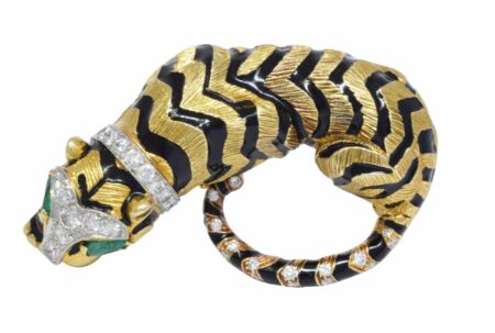 David Webb Tiger 18k Yellow Gold Black Enamel Diamond & Green Emerald Brooch