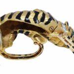 David Webb Tiger 18k Yellow Gold Black Enamel Diamond 
Green Emerald Brooch