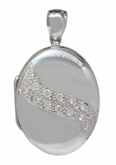 14k White Gold Oval Locket Pendant with Diamonds