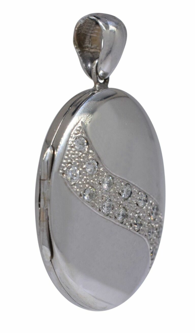 14k White Gold Oval Locket Pendant with Diamonds