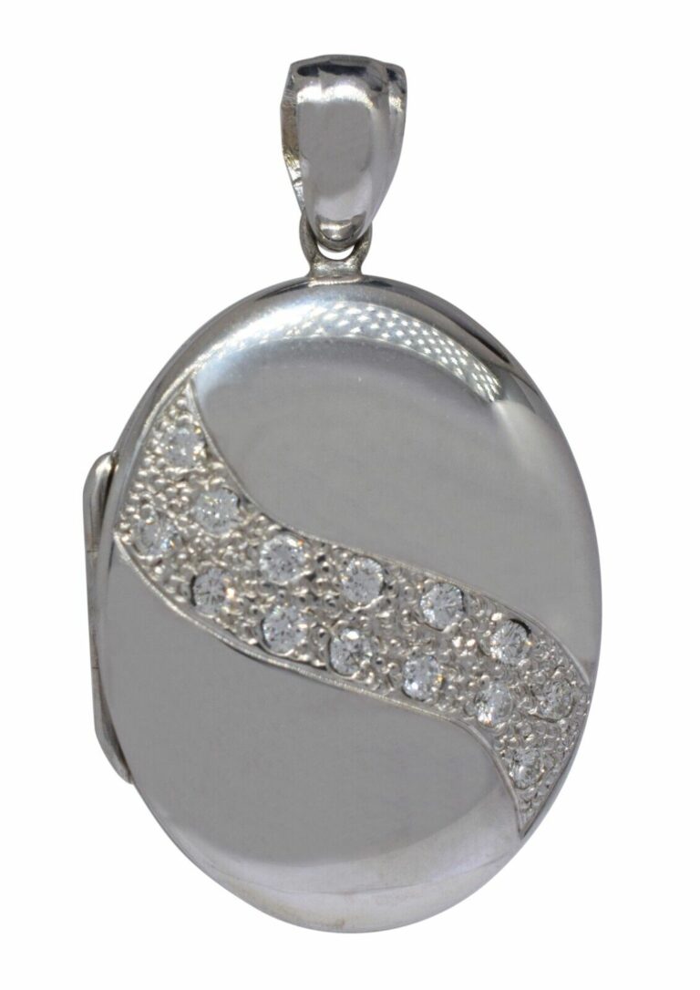 14k White Gold Oval Locket Pendant with Diamonds