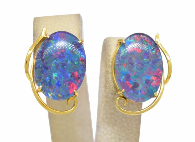 14k Yellow Gold Opal Triplet Screw-Hinge Clip-On Earrings